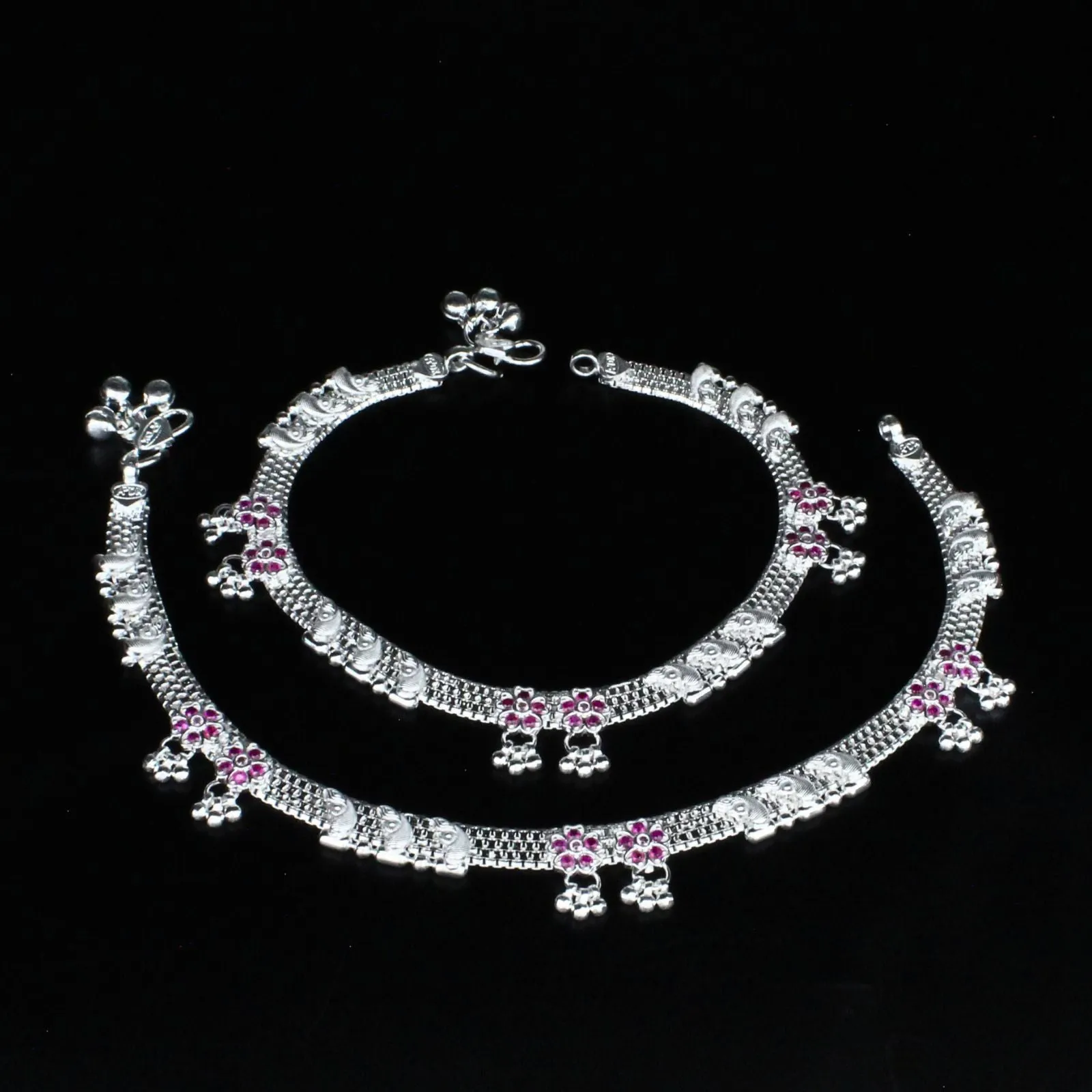 Real Sterling Silver Indian women Pink CZ party style Anklet Ankle Pair 10.3"