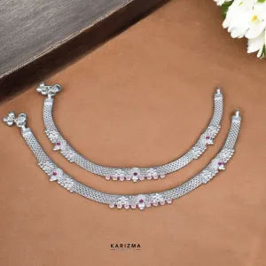 Real Sterling Silver Indian women Pink White CZ Anklets Ankle Pair 10.3"