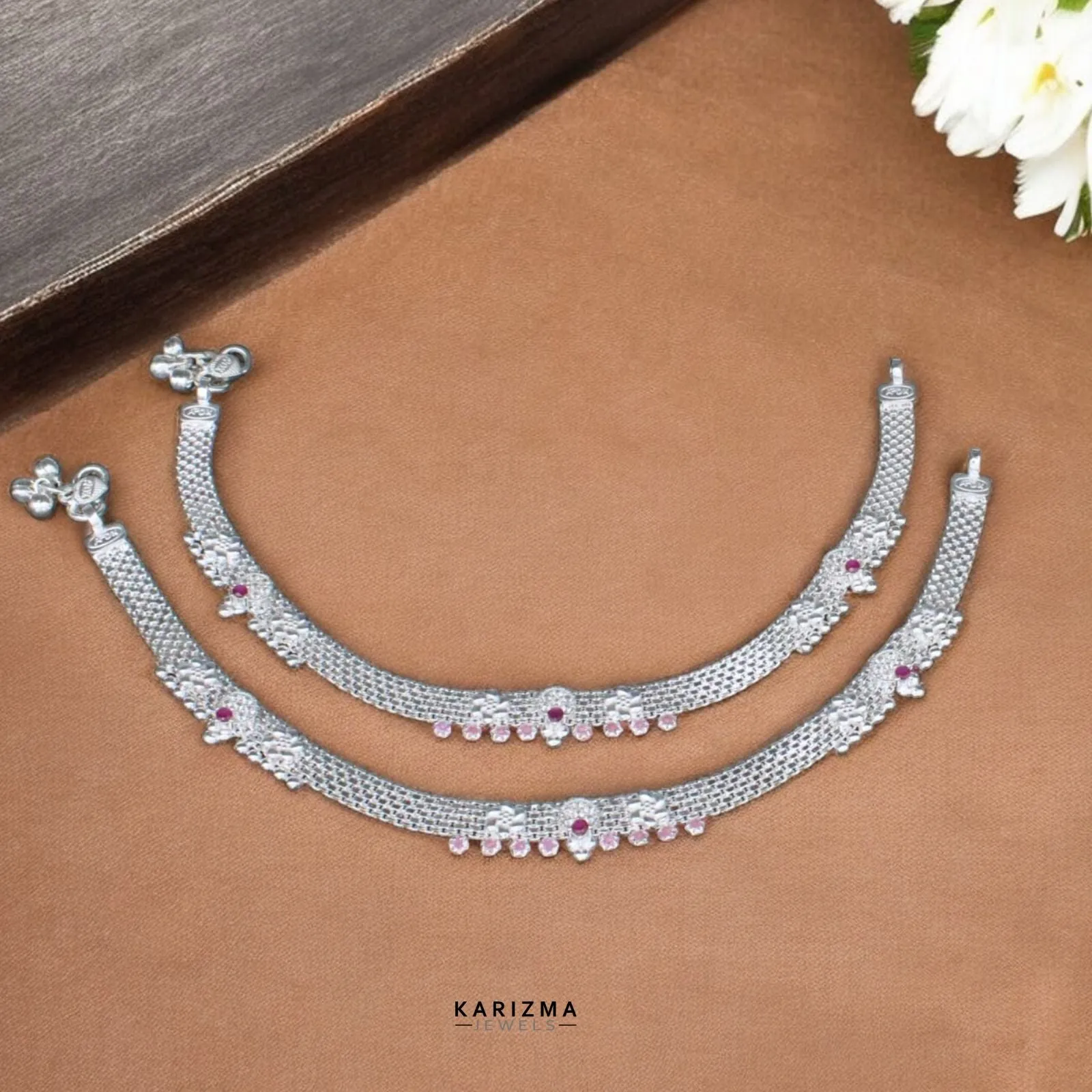 Real Sterling Silver Indian women Pink White CZ Anklets Ankle Pair 10.3"