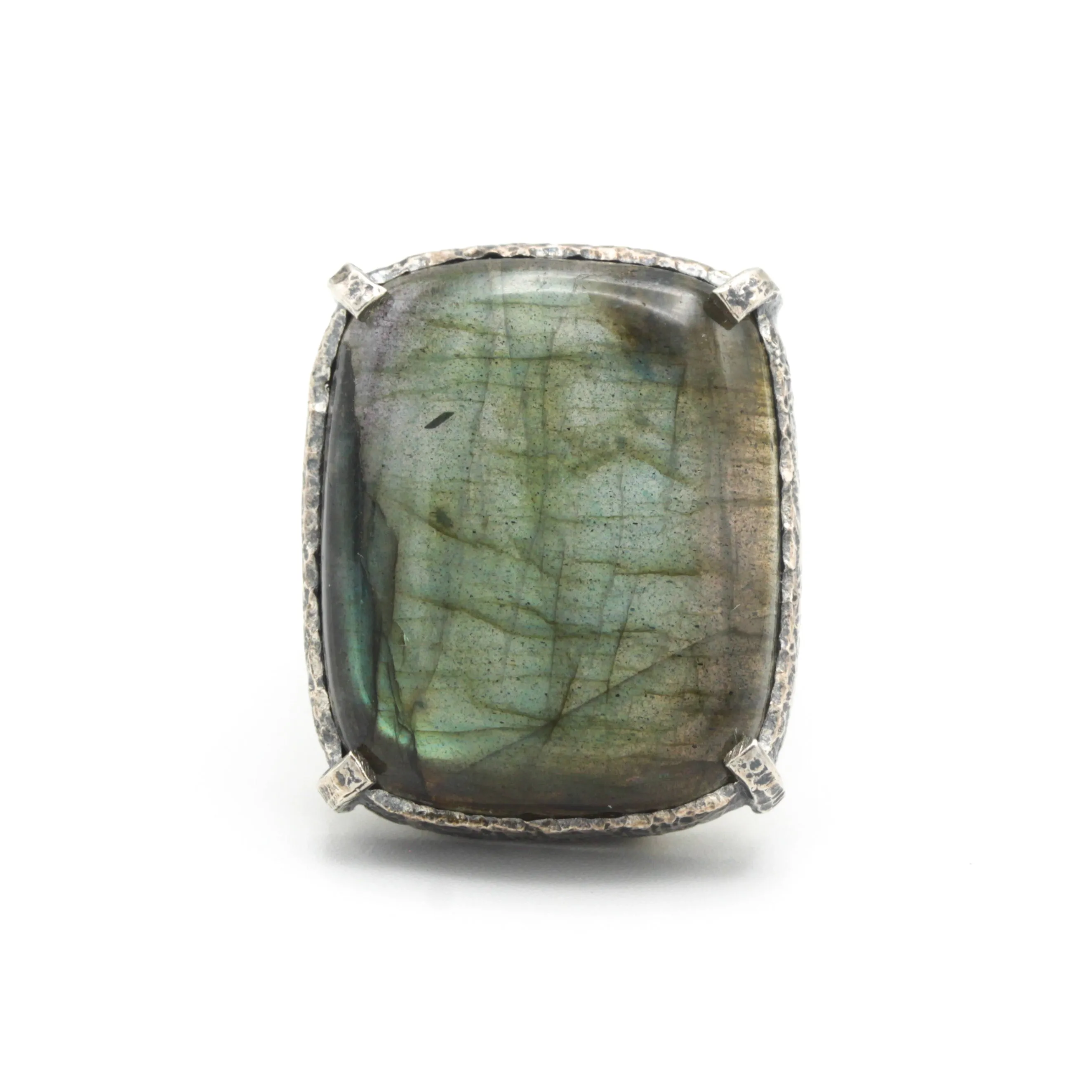 Rectagle cabochon Labradorite cocktail ring in silver bezel and prongs setting with sterling silver band