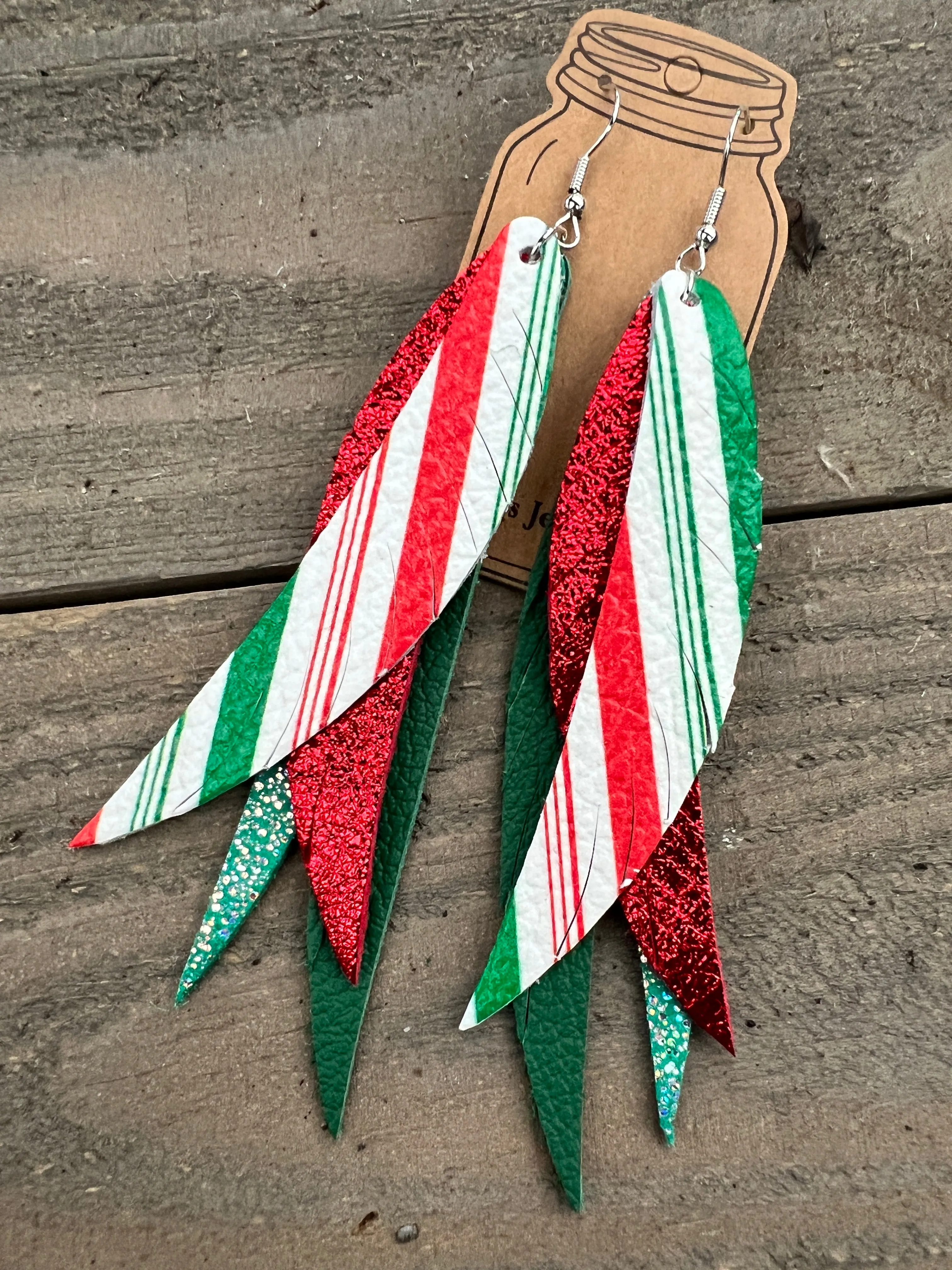Red and Green Striped Holiday Stacked Fringe Feather Earrings