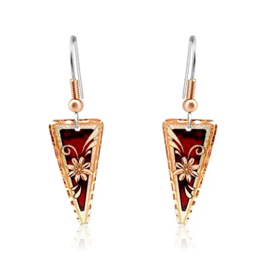 Red color flower triangle earrings