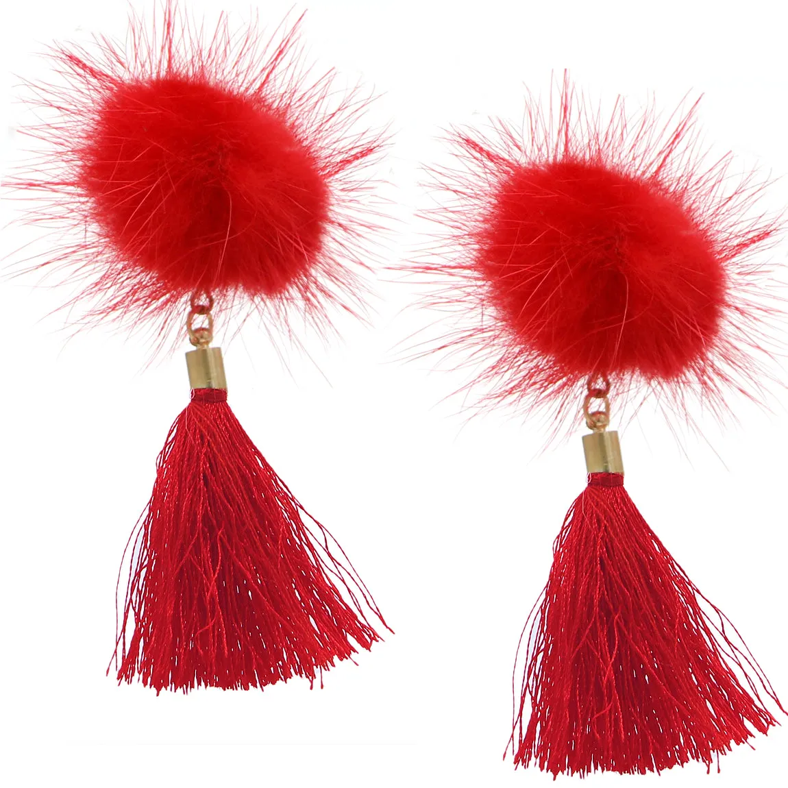 Red Fluffy Pom Pom Tassel Earrings