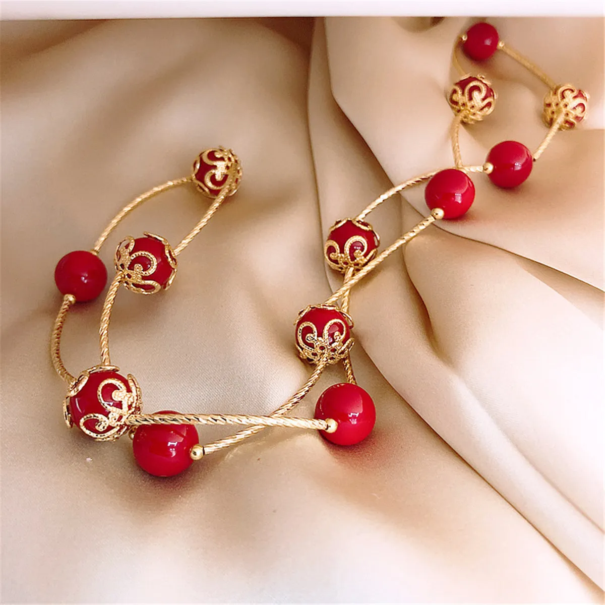 Red Pearl & 18K Gold-Plated Floral Ball Station Bracelet