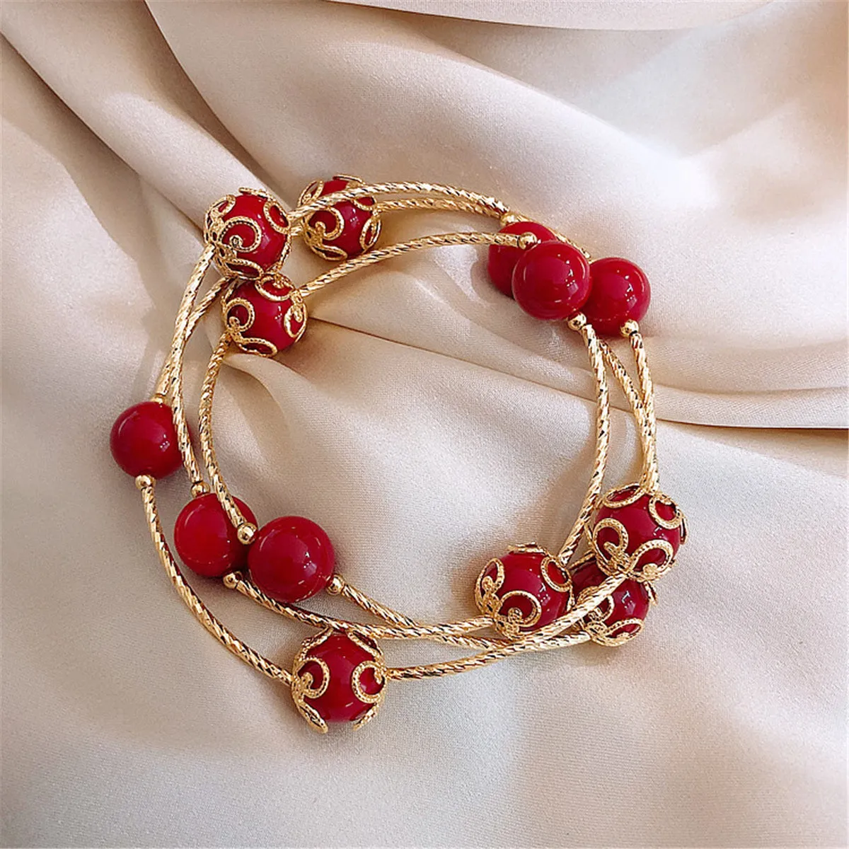 Red Pearl & 18K Gold-Plated Floral Ball Station Bracelet