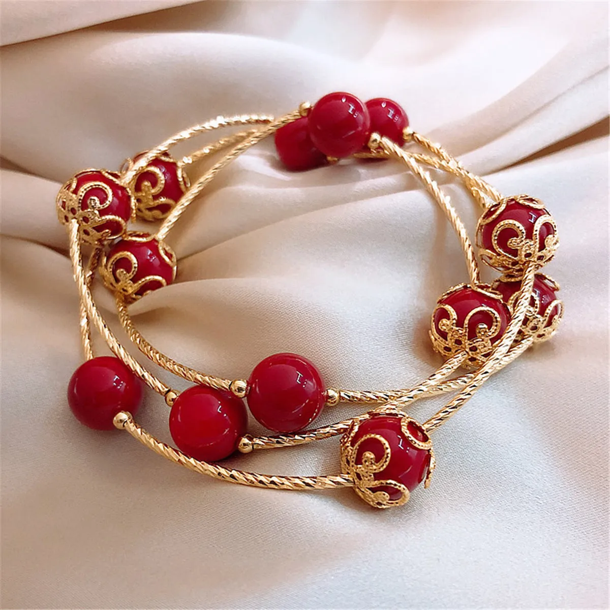 Red Pearl & 18K Gold-Plated Floral Ball Station Bracelet