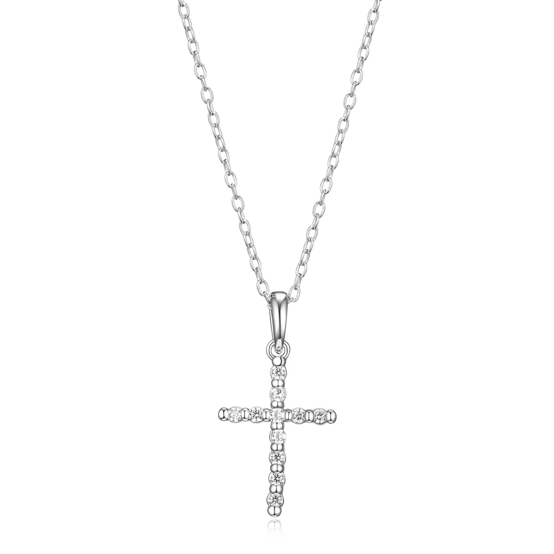 Reign Sterling Silver Rhodium Plated CZ Slim Cross Necklace