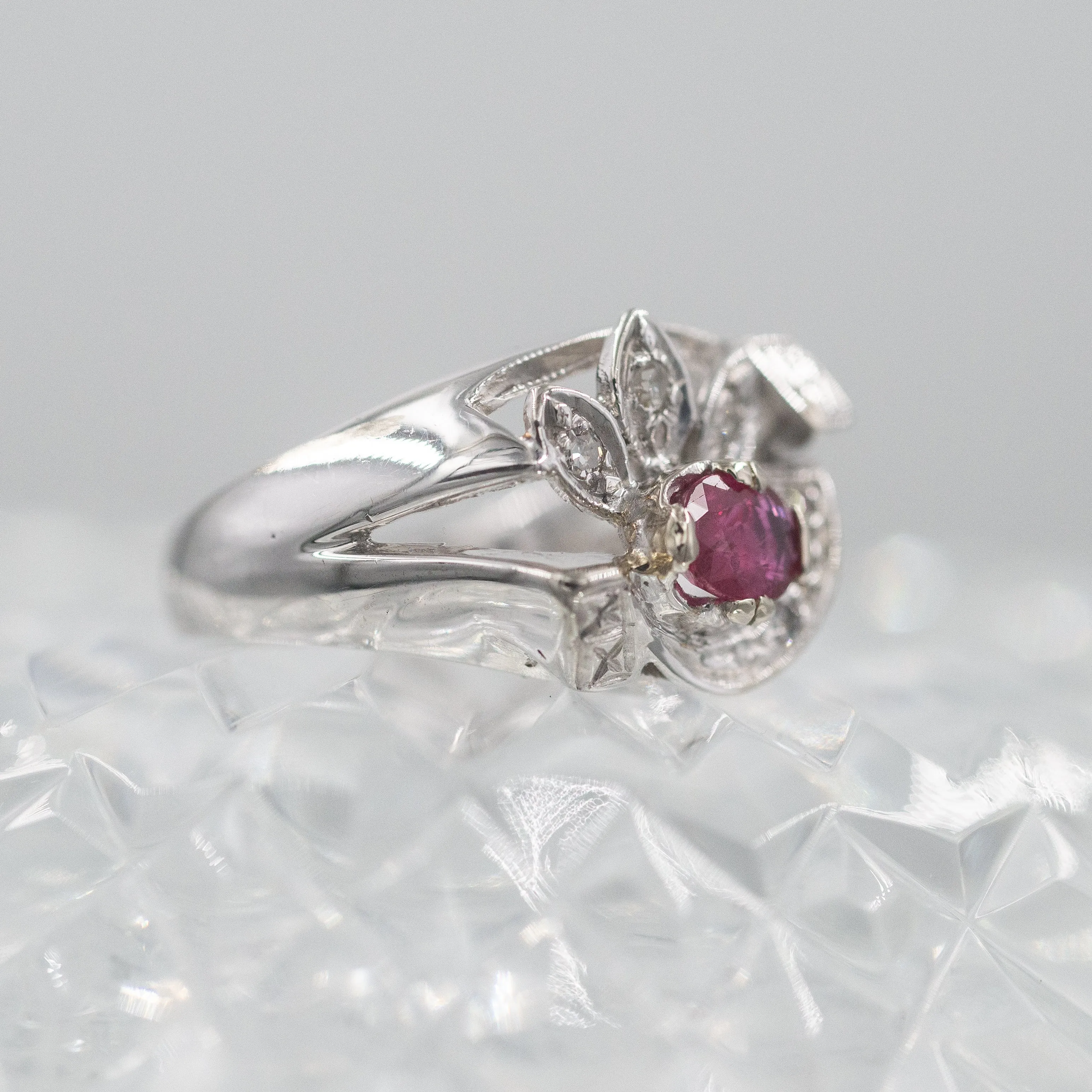 Retro Ruby and Diamond Cocktail Ring c1950