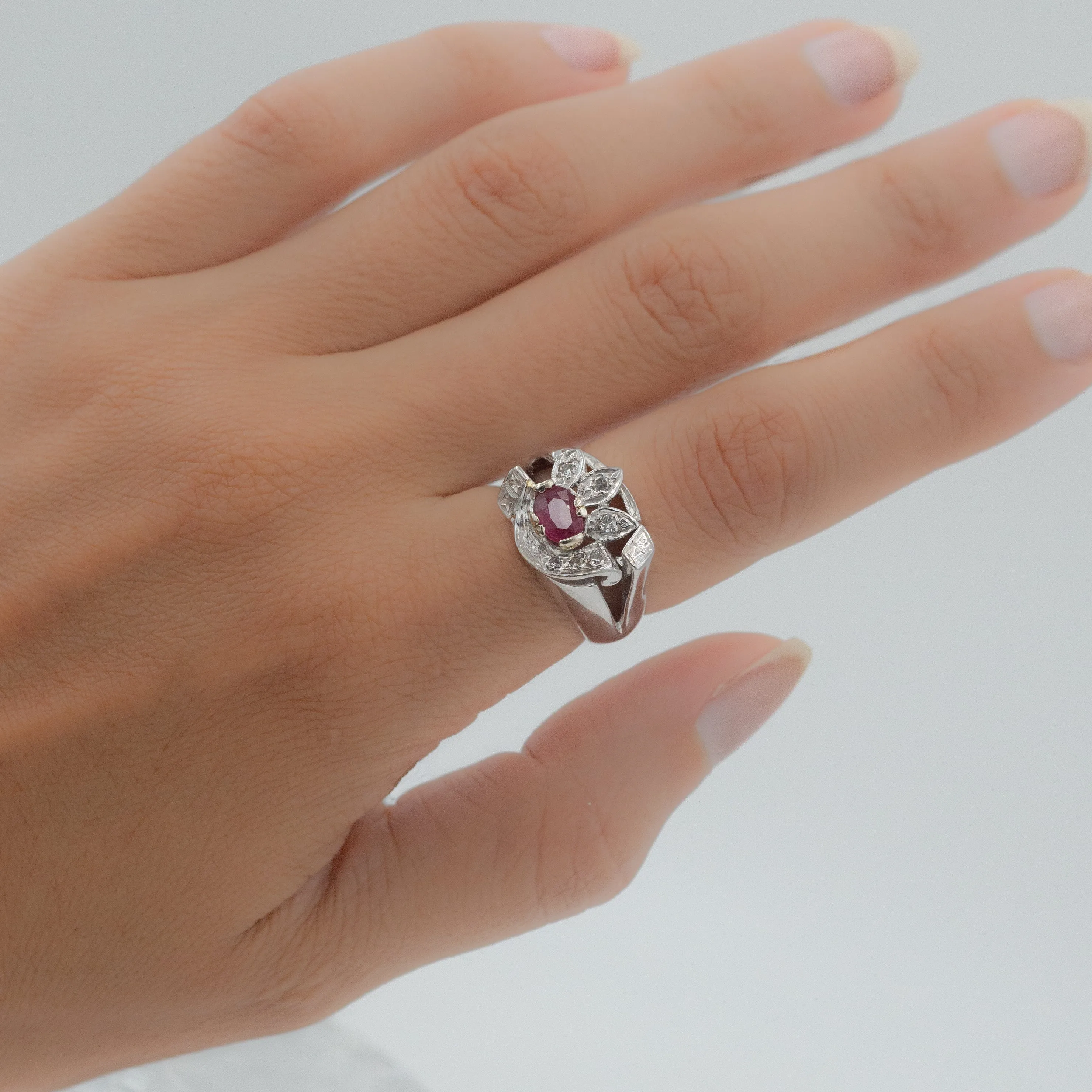 Retro Ruby and Diamond Cocktail Ring c1950