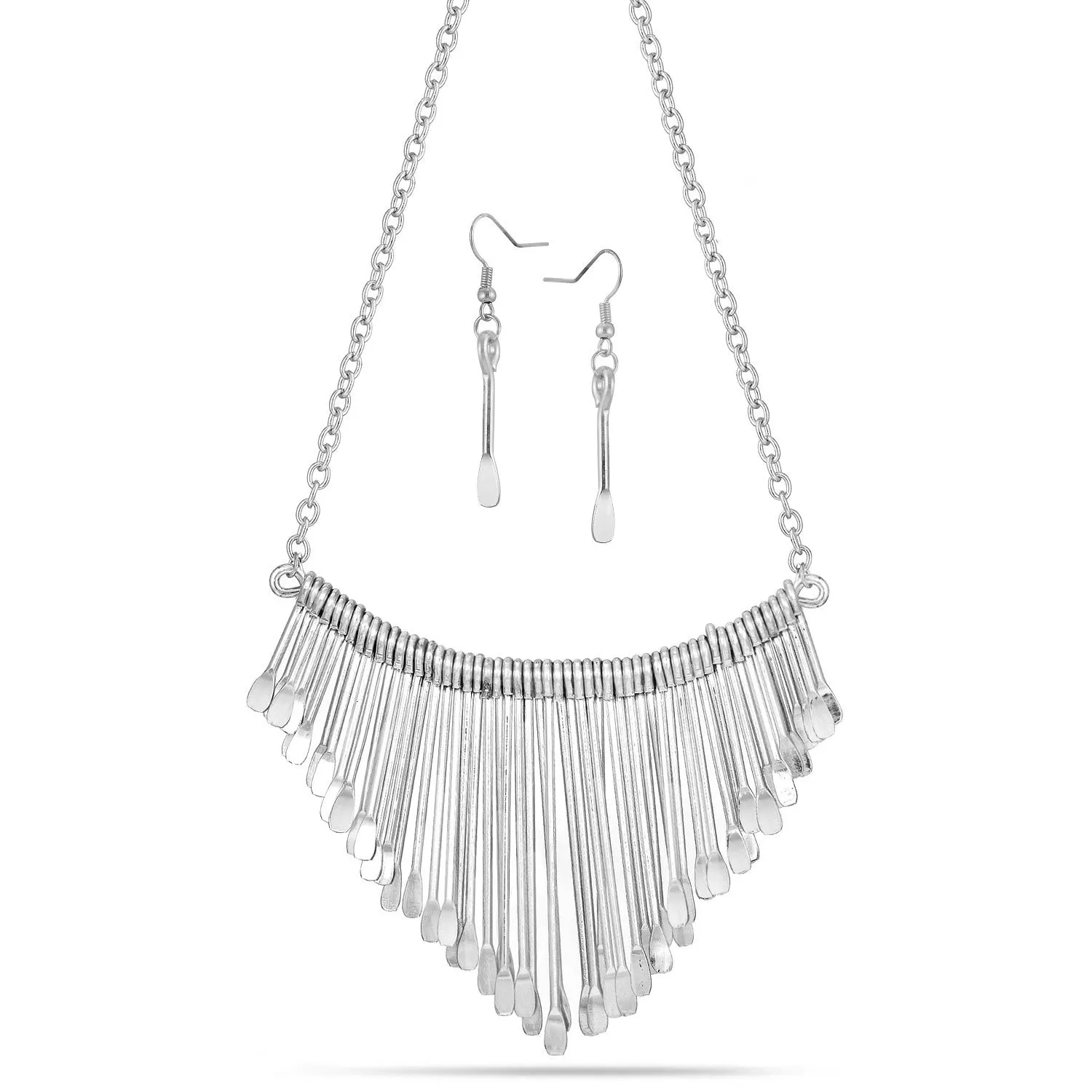 RHODIUM-TONE METAL TASSEL EARRINGS AND NECKLACE SET #YW13828 RHO (IC26)