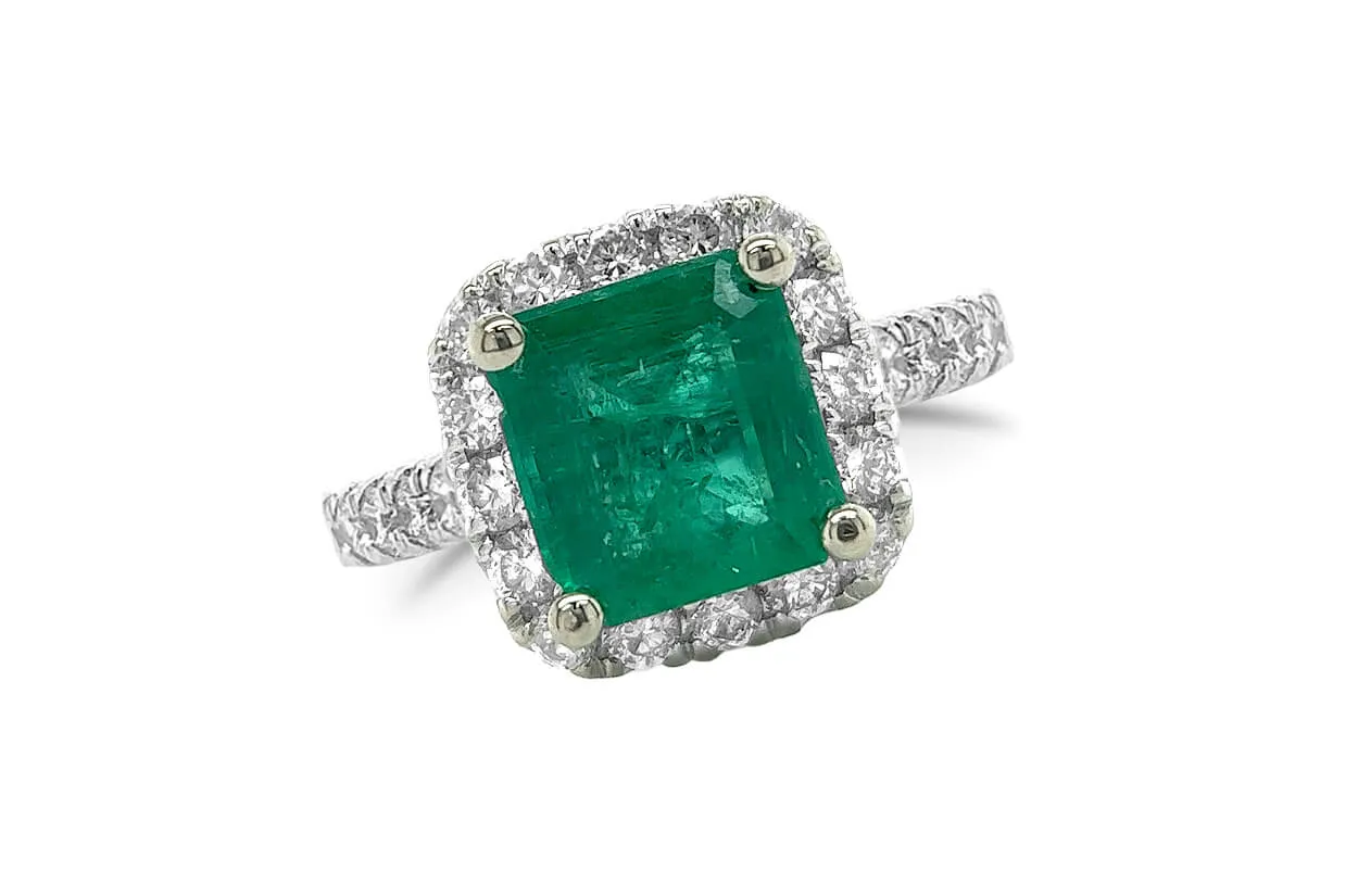 Ring 18kt Gold Square GIA Emerald & Diamonds Pave