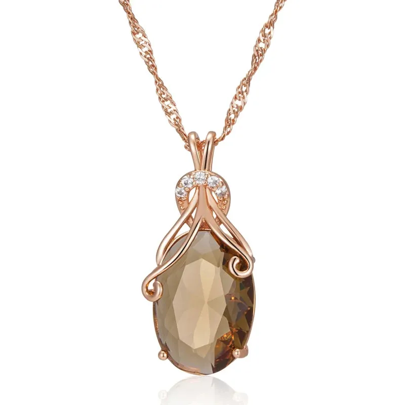 Rose Gold Big Oval Light Brown Zircon Pendant Necklace for Women