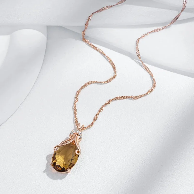Rose Gold Big Oval Light Brown Zircon Pendant Necklace for Women