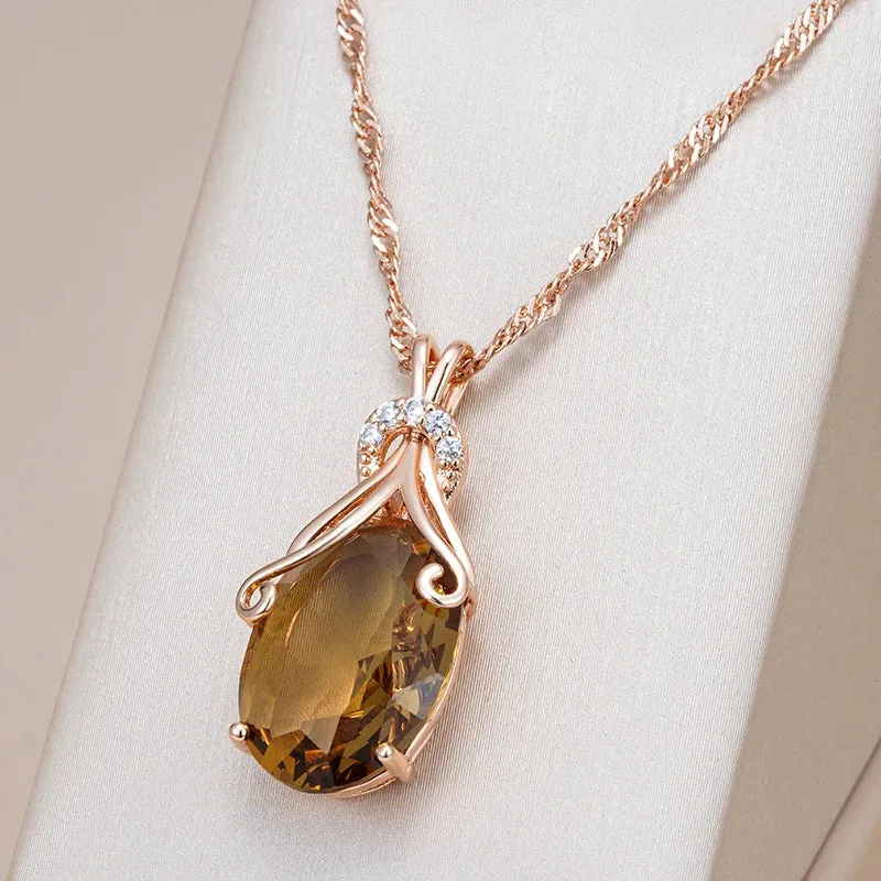 Rose Gold Big Oval Light Brown Zircon Pendant Necklace for Women