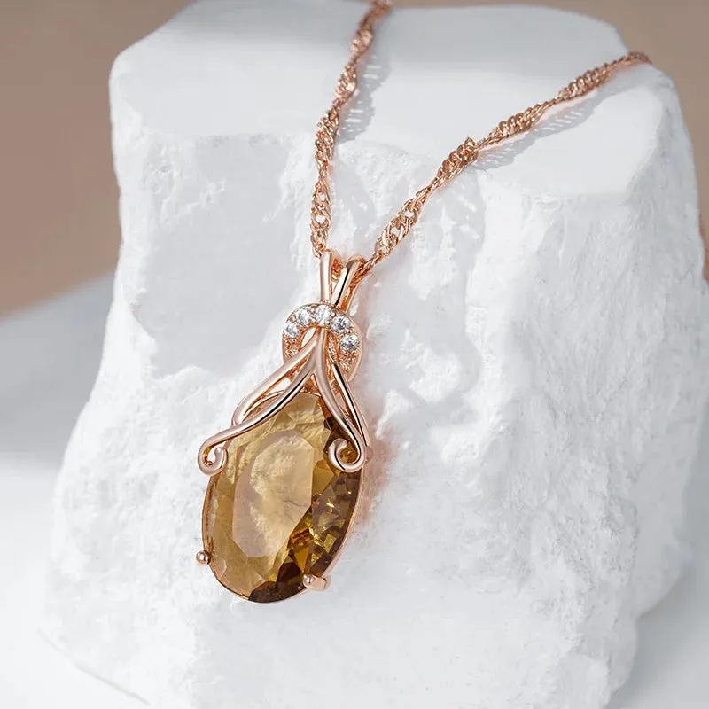 Rose Gold Big Oval Light Brown Zircon Pendant Necklace for Women