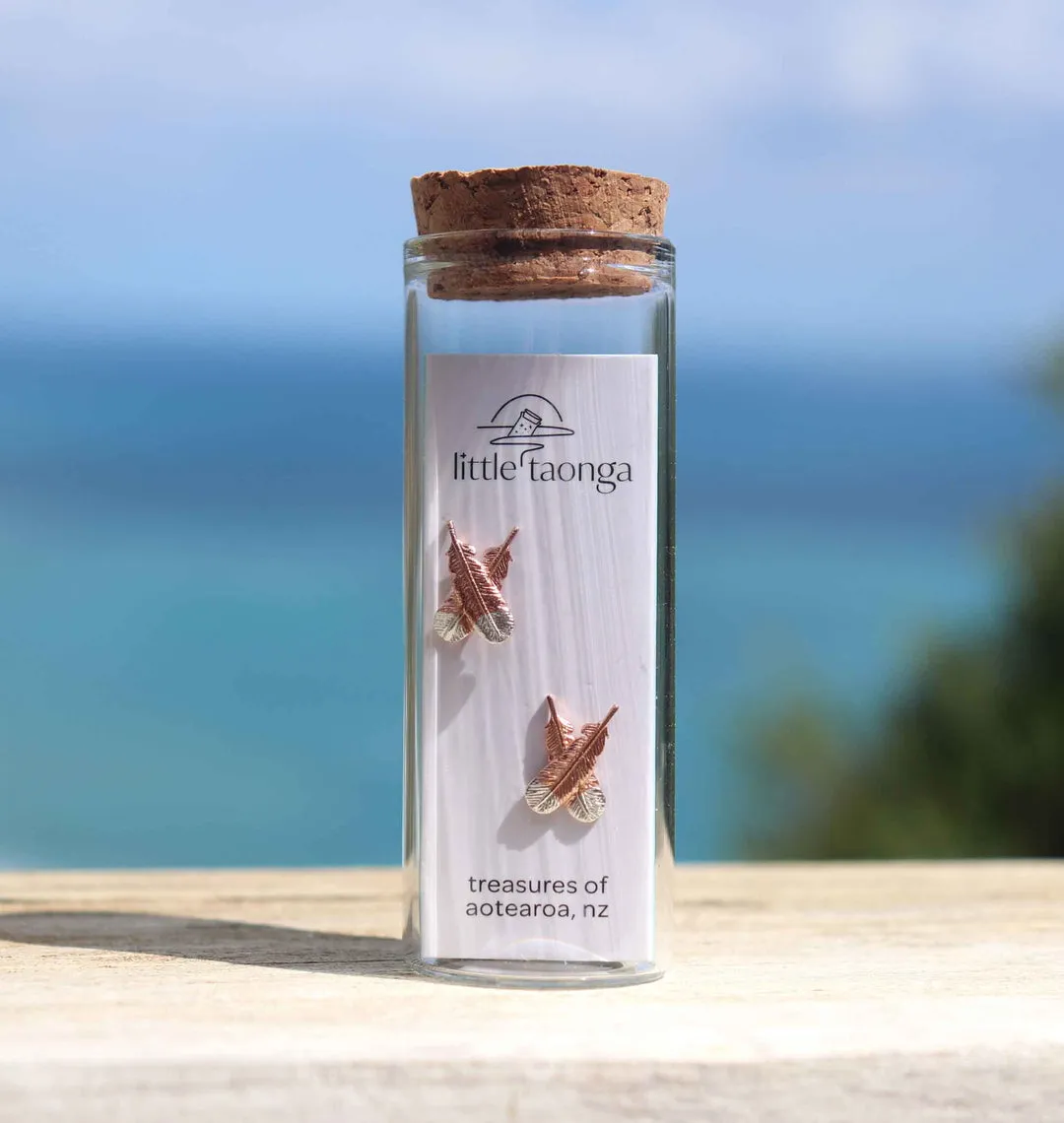 Rose Gold - Crossed Huia Feather Studs