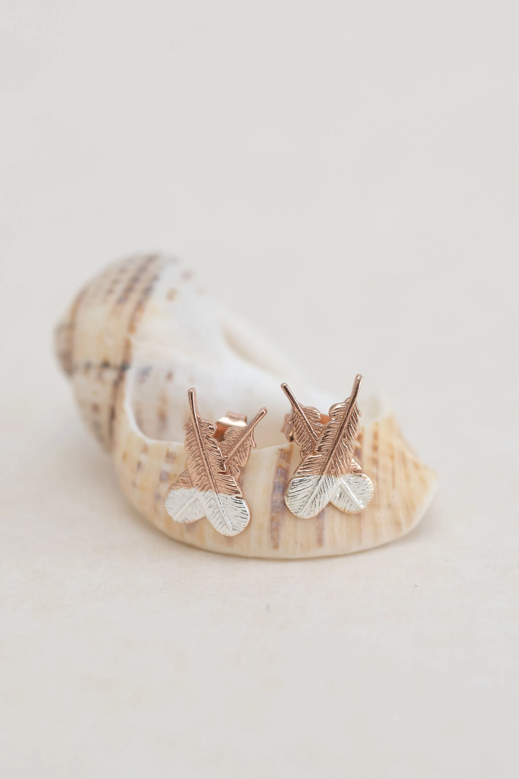 Rose Gold - Crossed Huia Feather Studs