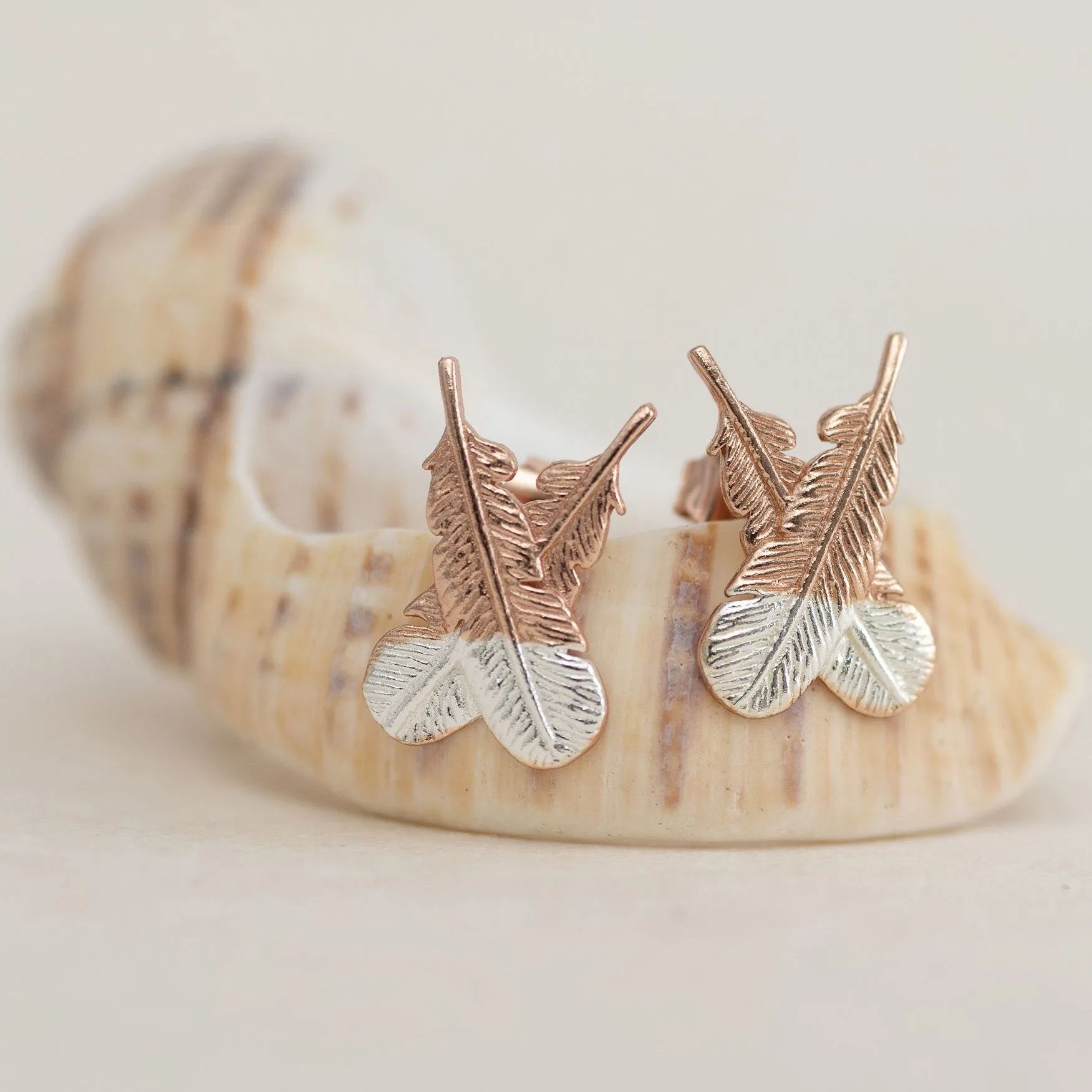 Rose Gold - Crossed Huia Feather Studs