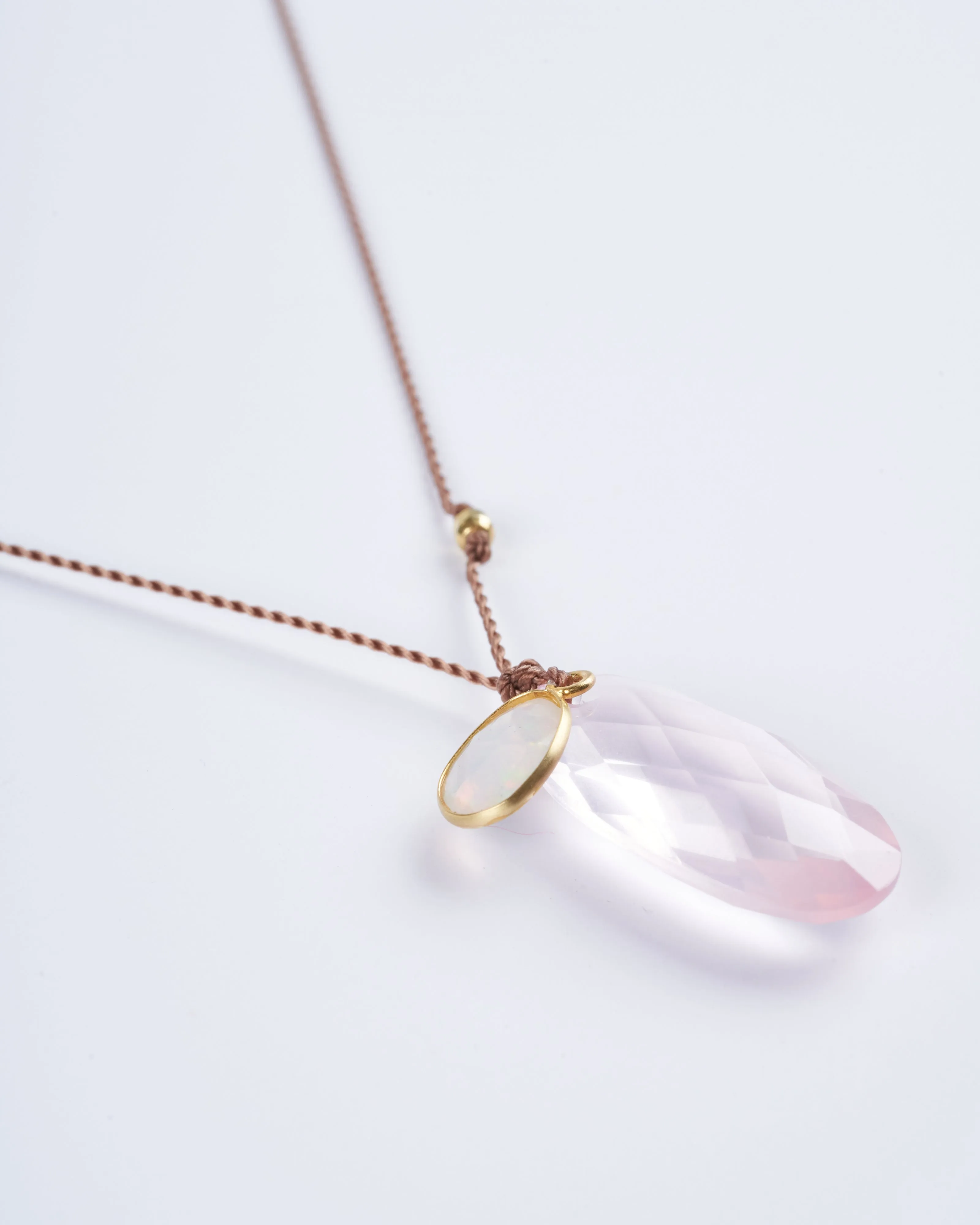 rose quartz and opal 18k gold necklace - pink