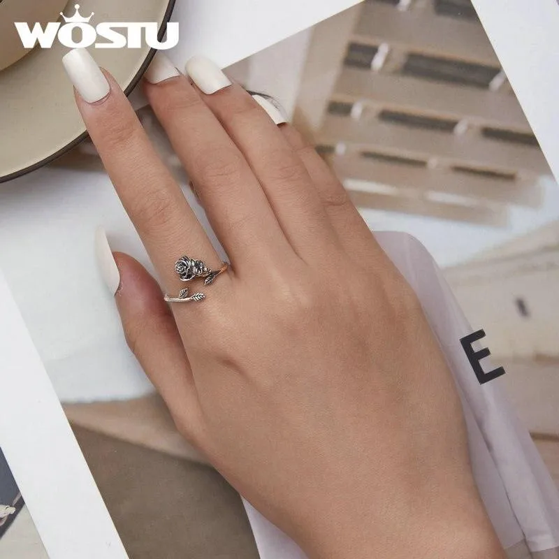 Rose Ring with the Leaves Eternal Love Finger Open Ring Fine Jewelry