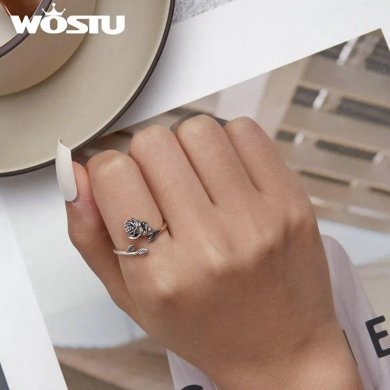 Rose Ring with the Leaves Eternal Love Finger Open Ring Fine Jewelry