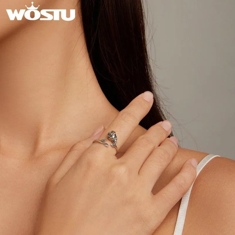 Rose Ring with the Leaves Eternal Love Finger Open Ring Fine Jewelry