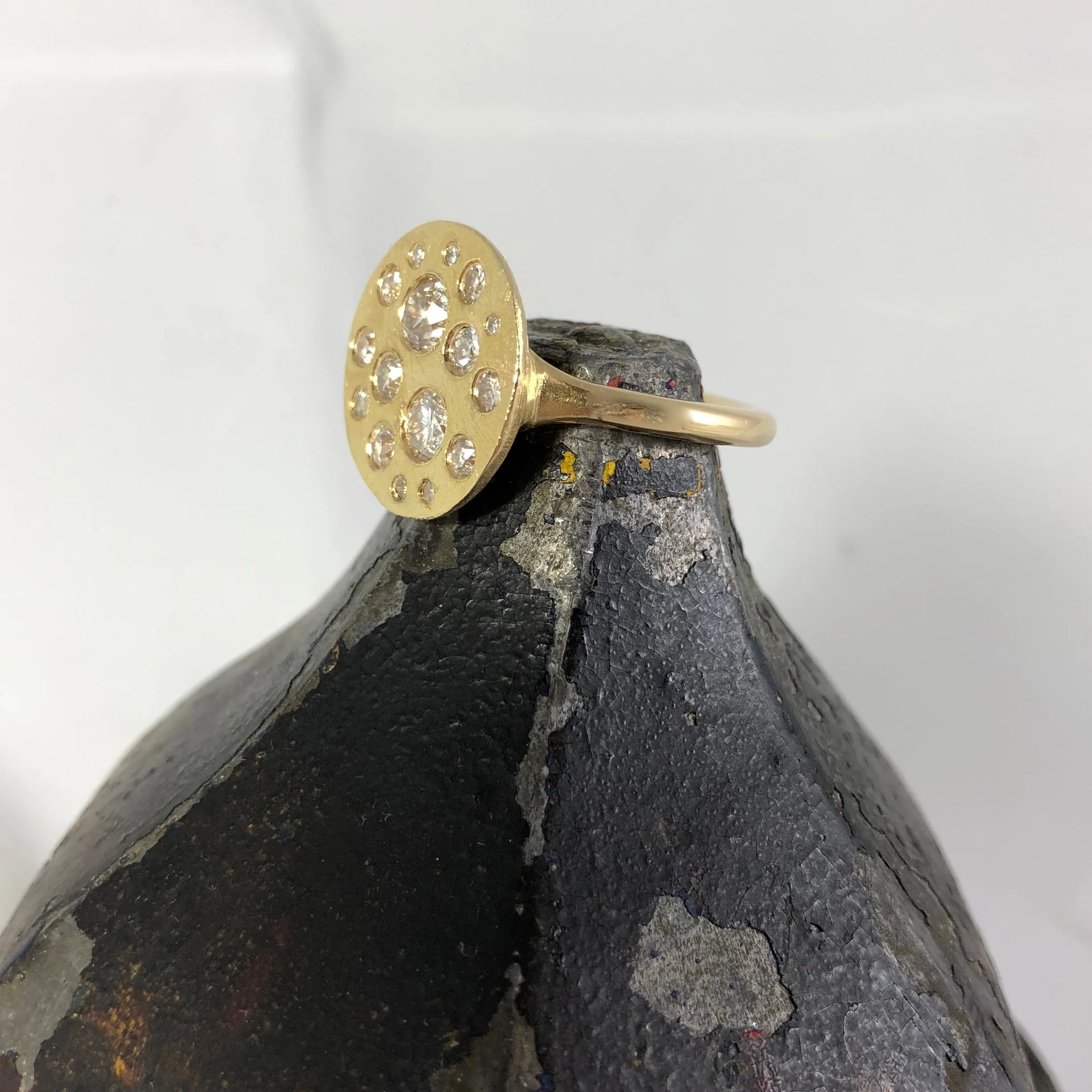 Round Matte Finish Diamond  18mm Round  -  18 Carat Yellow Gold Signet Ring