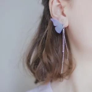 S925 Sterling Silver Butterfly Tassel Shiny Silver Bead Earrings