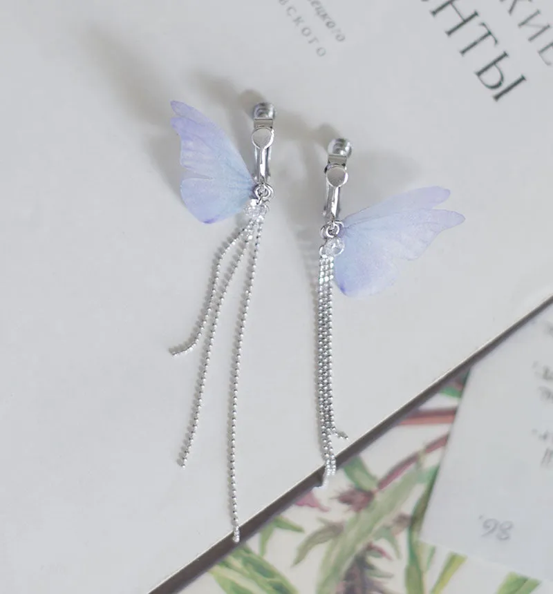 S925 Sterling Silver Butterfly Tassel Shiny Silver Bead Earrings
