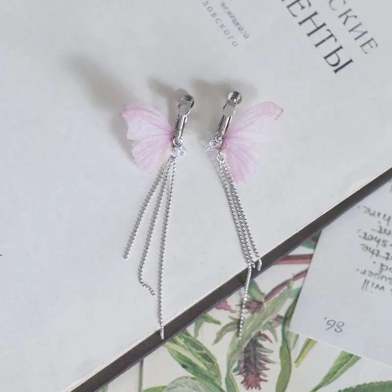 S925 Sterling Silver Butterfly Tassel Shiny Silver Bead Earrings