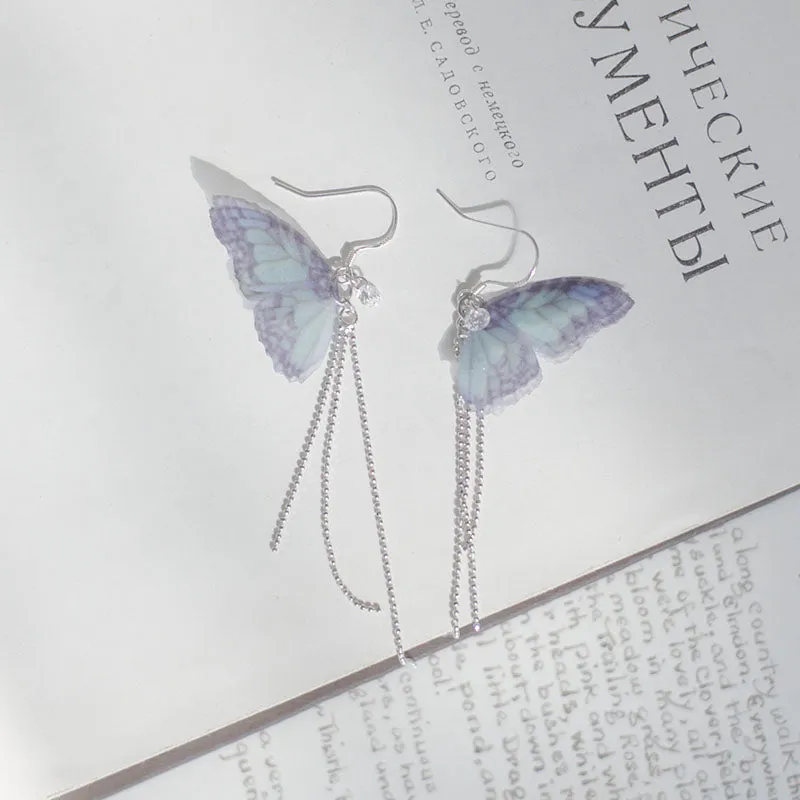 S925 Sterling Silver Butterfly Tassel Shiny Silver Bead Earrings