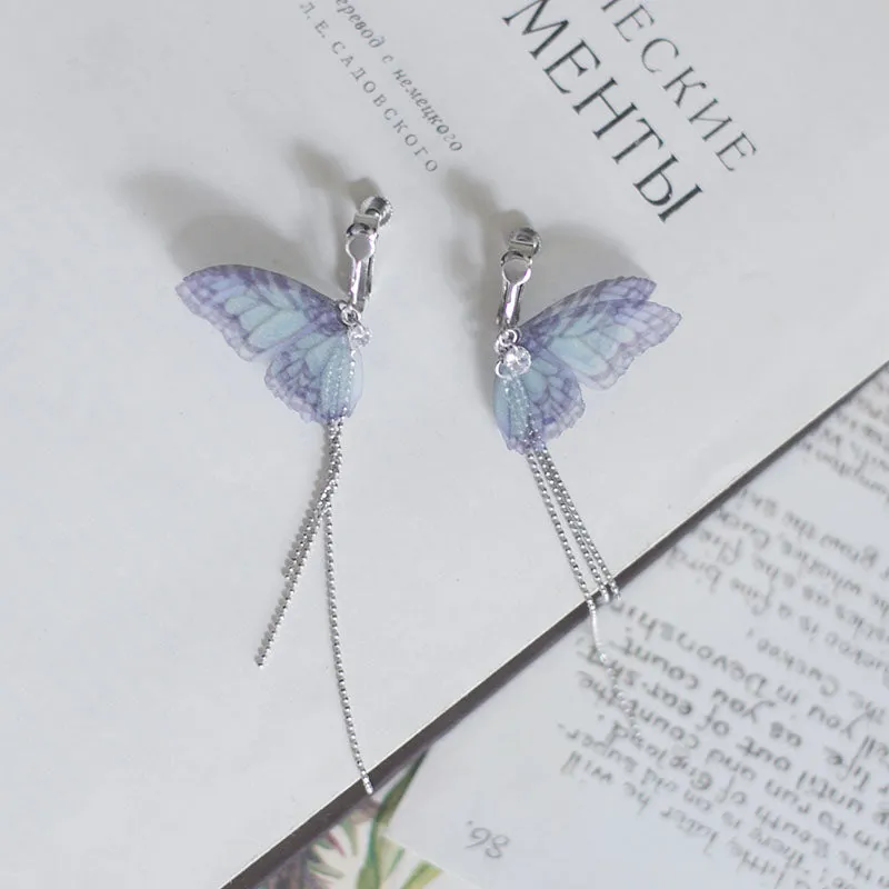 S925 Sterling Silver Butterfly Tassel Shiny Silver Bead Earrings