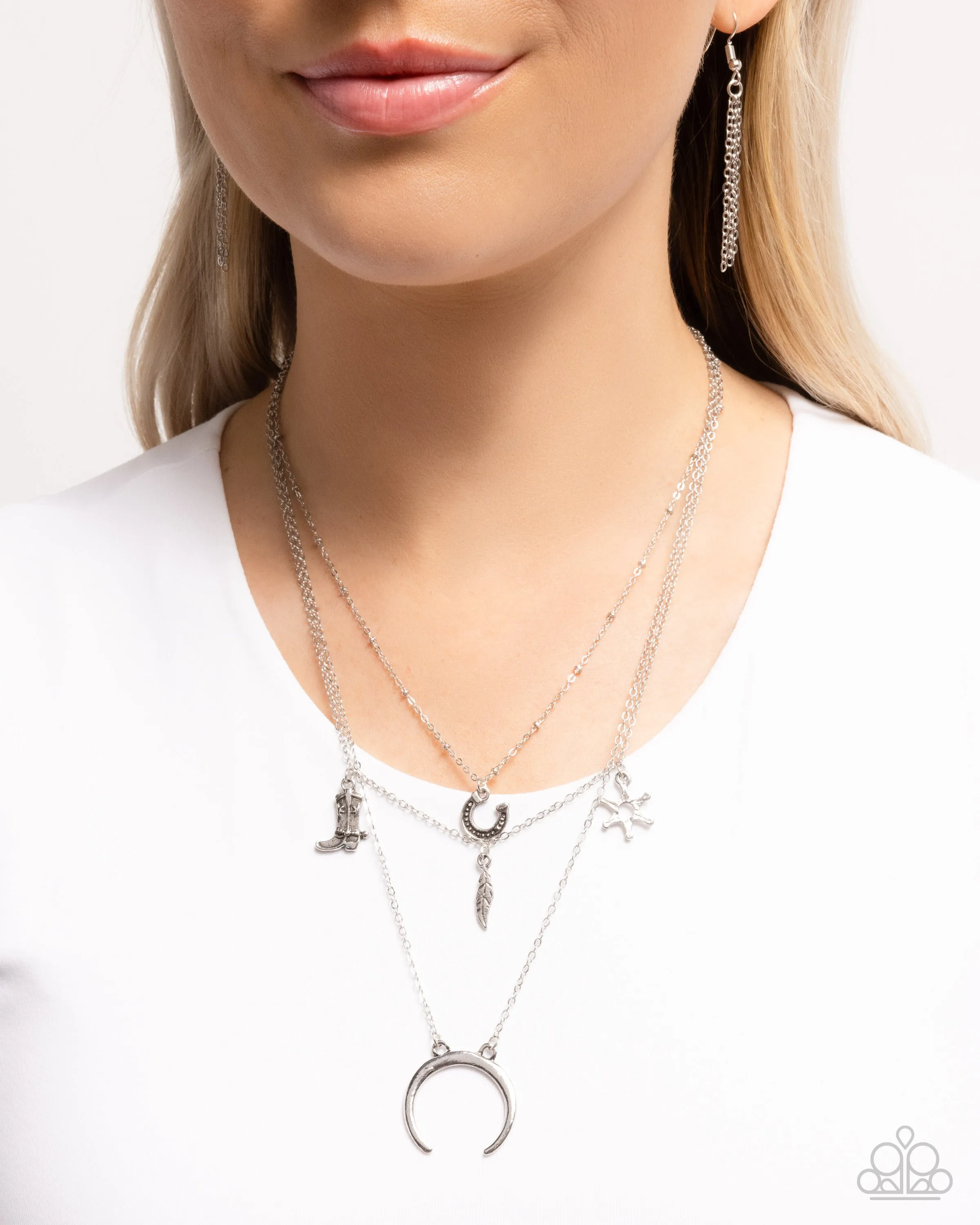 Saloon Sass - Silver - Western Charm Horseshoe, Feather, Cowboy Boot Tiered Paparazzi Short Necklace