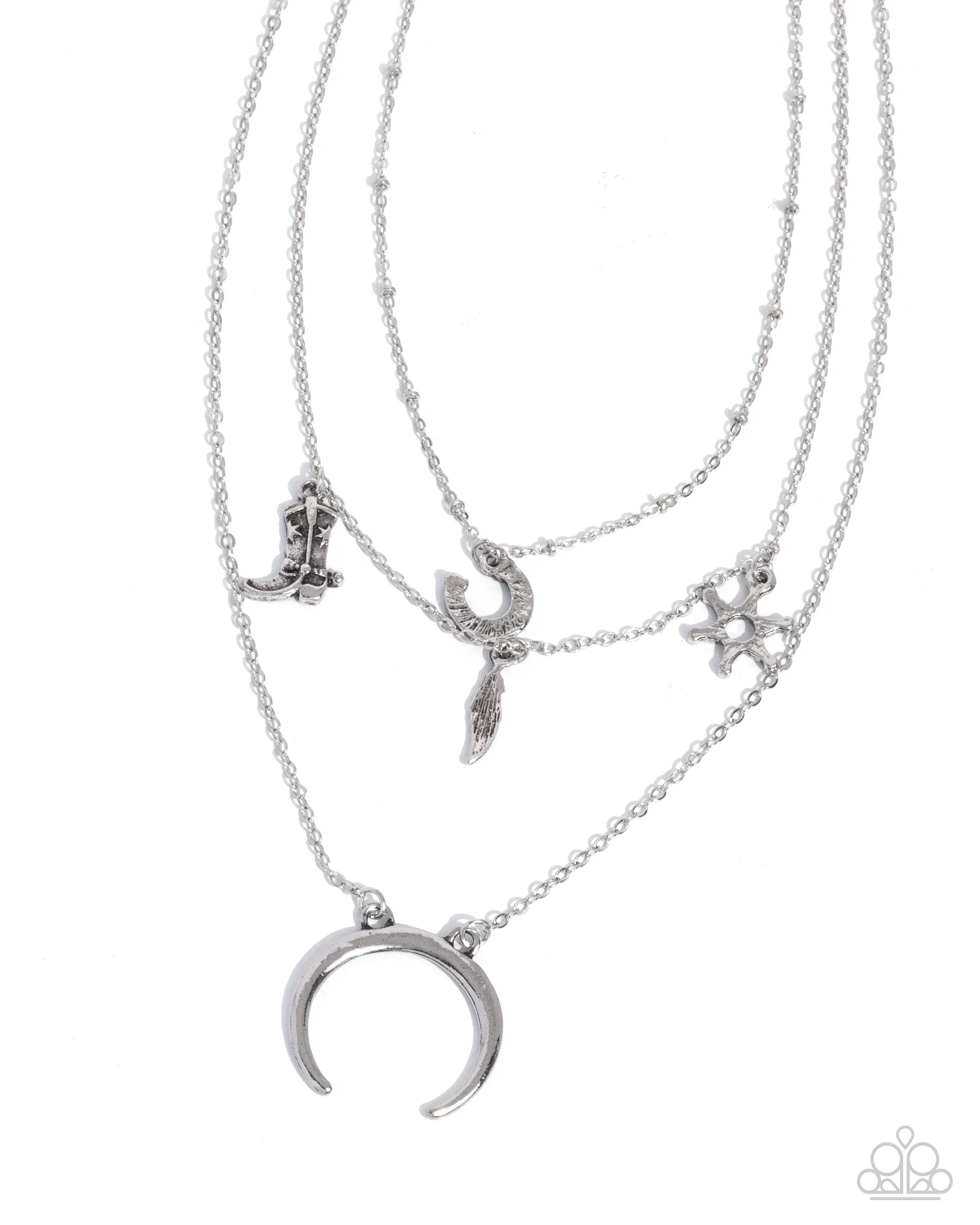 Saloon Sass - Silver - Western Charm Horseshoe, Feather, Cowboy Boot Tiered Paparazzi Short Necklace