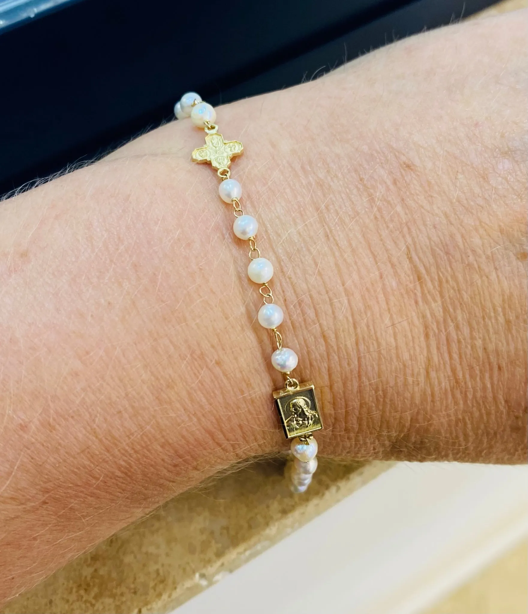 Scapular Medal And 4-Way Cross Pearl Bracelet