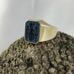 Seal Engraved Blue/Black Agate Custom Made 18mm x 15mm  -  9 Carat Yellow Gold Signet Ring