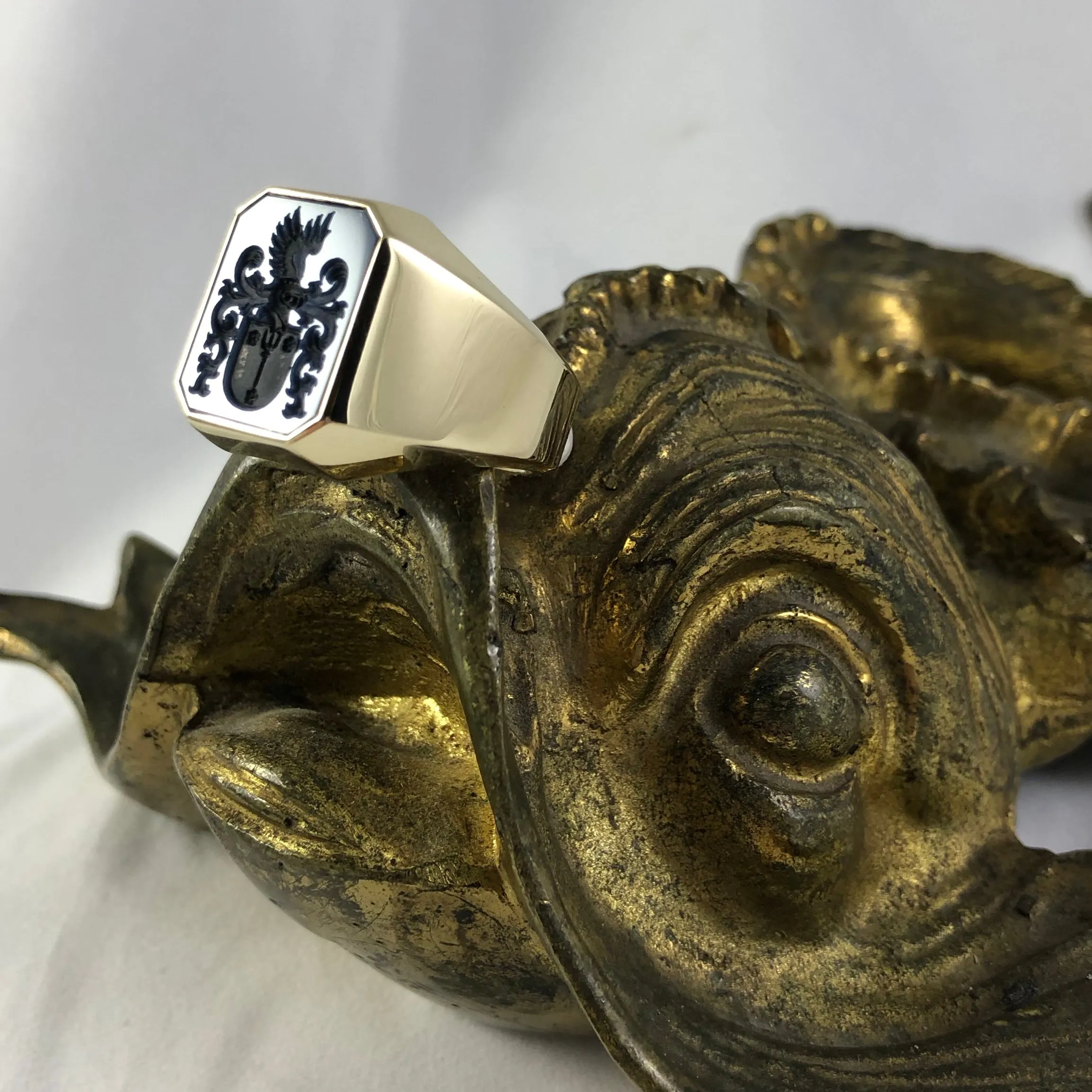 Seal Engraved Blue/Black Agate Custom Made 18mm x 15mm  -  9 Carat Yellow Gold Signet Ring