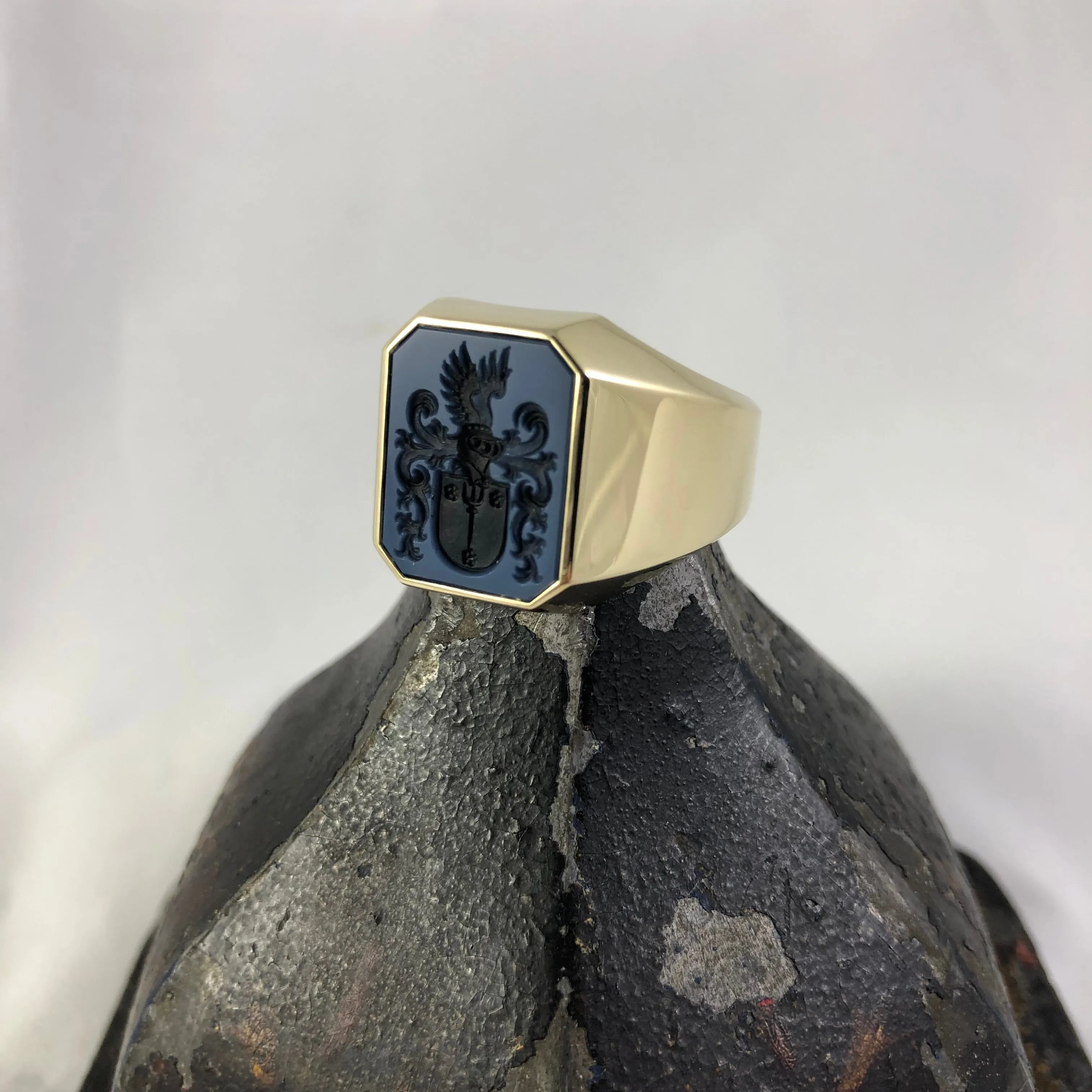 Seal Engraved Blue/Black Agate Custom Made 18mm x 15mm  -  9 Carat Yellow Gold Signet Ring