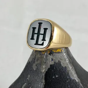 Seal Engraved Monogram Bloodstone Custom Made 16mm x 16mm  -  18 Carat Yellow Gold Signet Ring