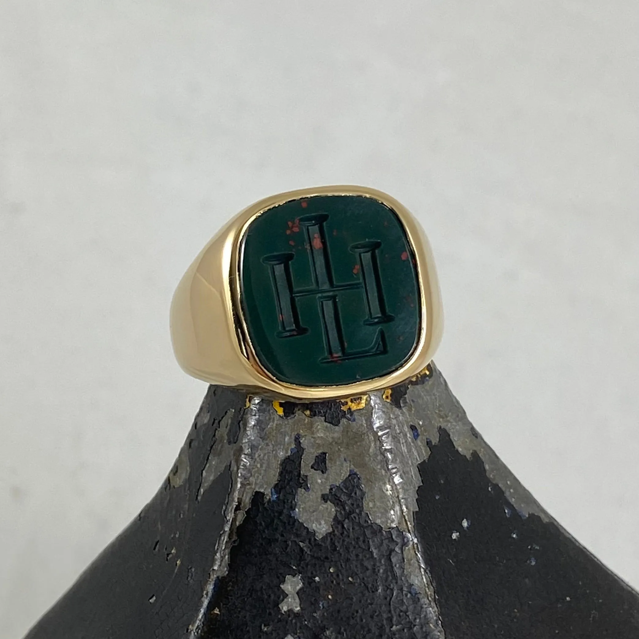 Seal Engraved Monogram Bloodstone Custom Made 16mm x 16mm  -  18 Carat Yellow Gold Signet Ring