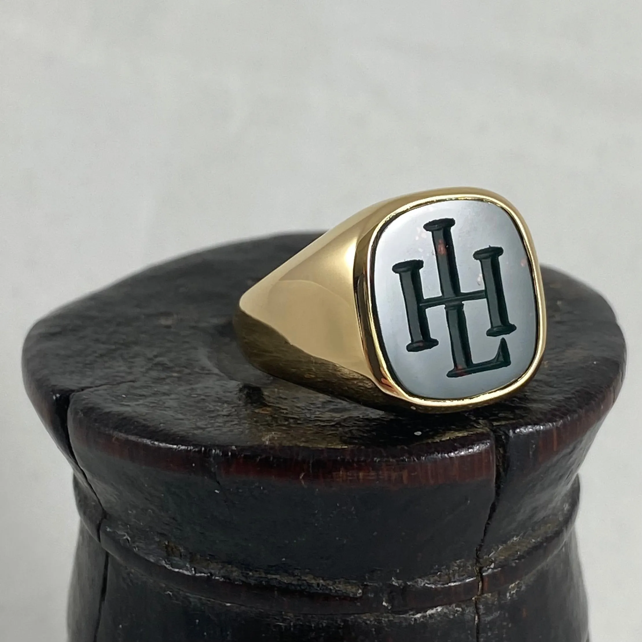 Seal Engraved Monogram Bloodstone Custom Made 16mm x 16mm  -  18 Carat Yellow Gold Signet Ring