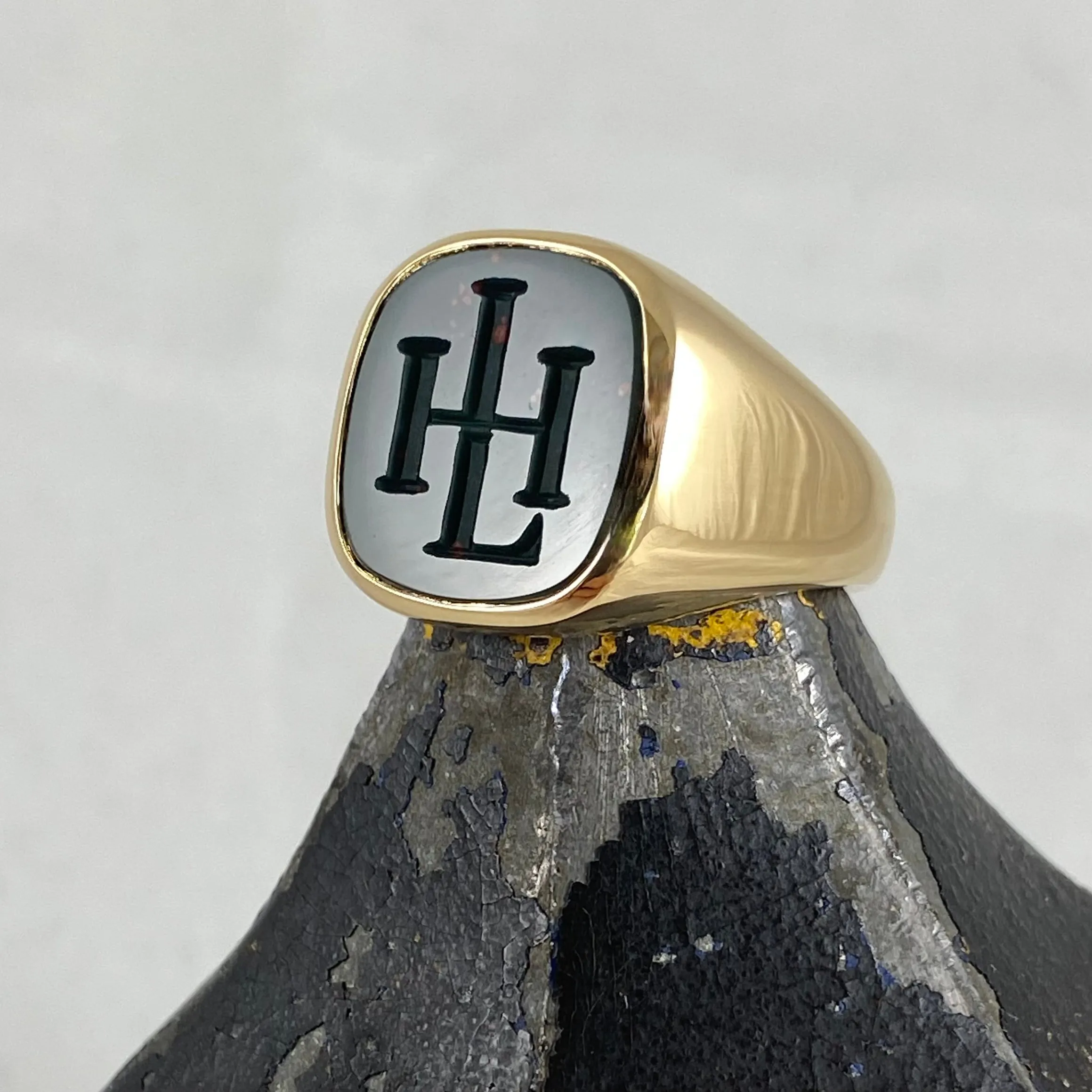 Seal Engraved Monogram Bloodstone Custom Made 16mm x 16mm  -  18 Carat Yellow Gold Signet Ring