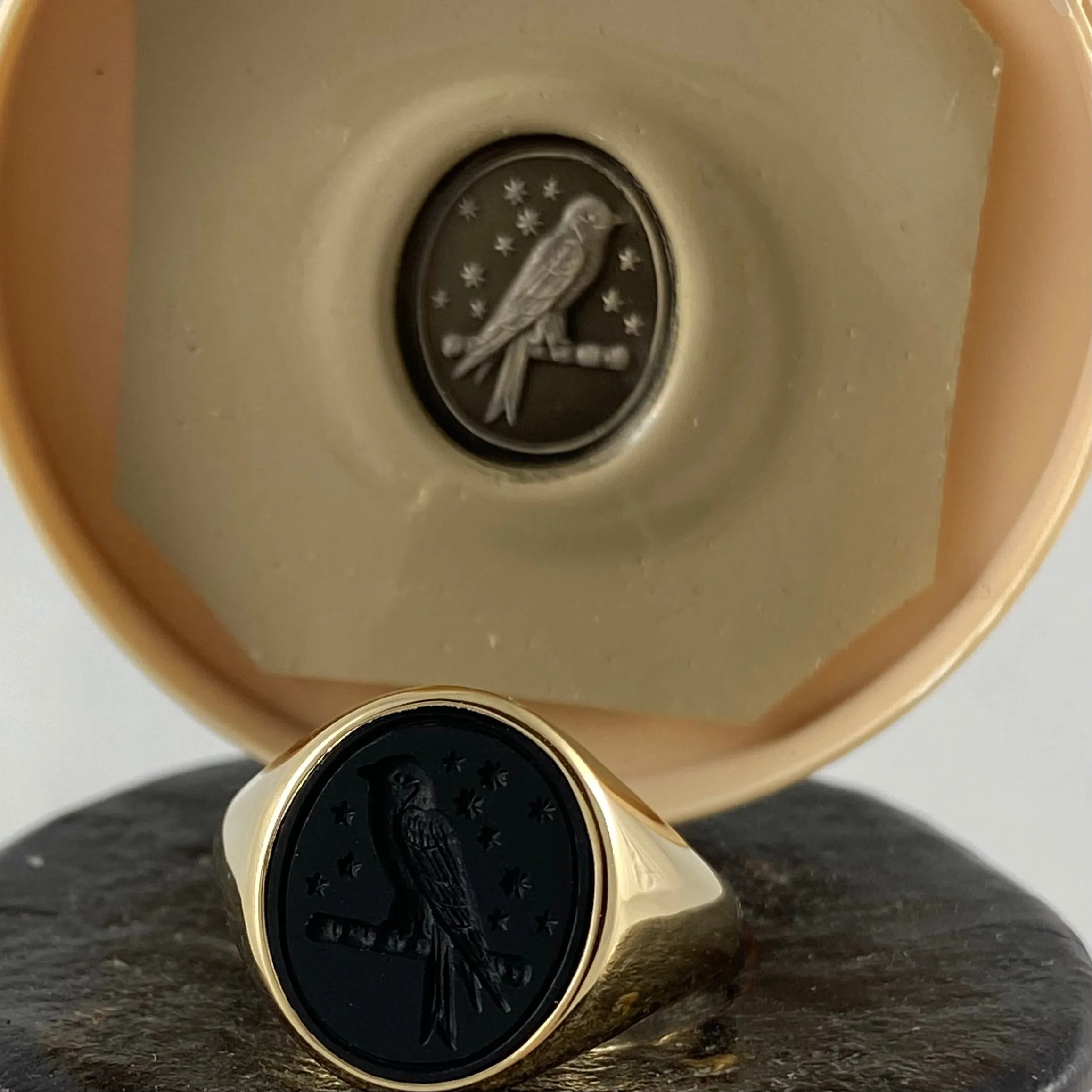 Seal Engraved Onyx Custom Made 14mm x 12mm  -  9 Carat Yellow Gold Signet Ring