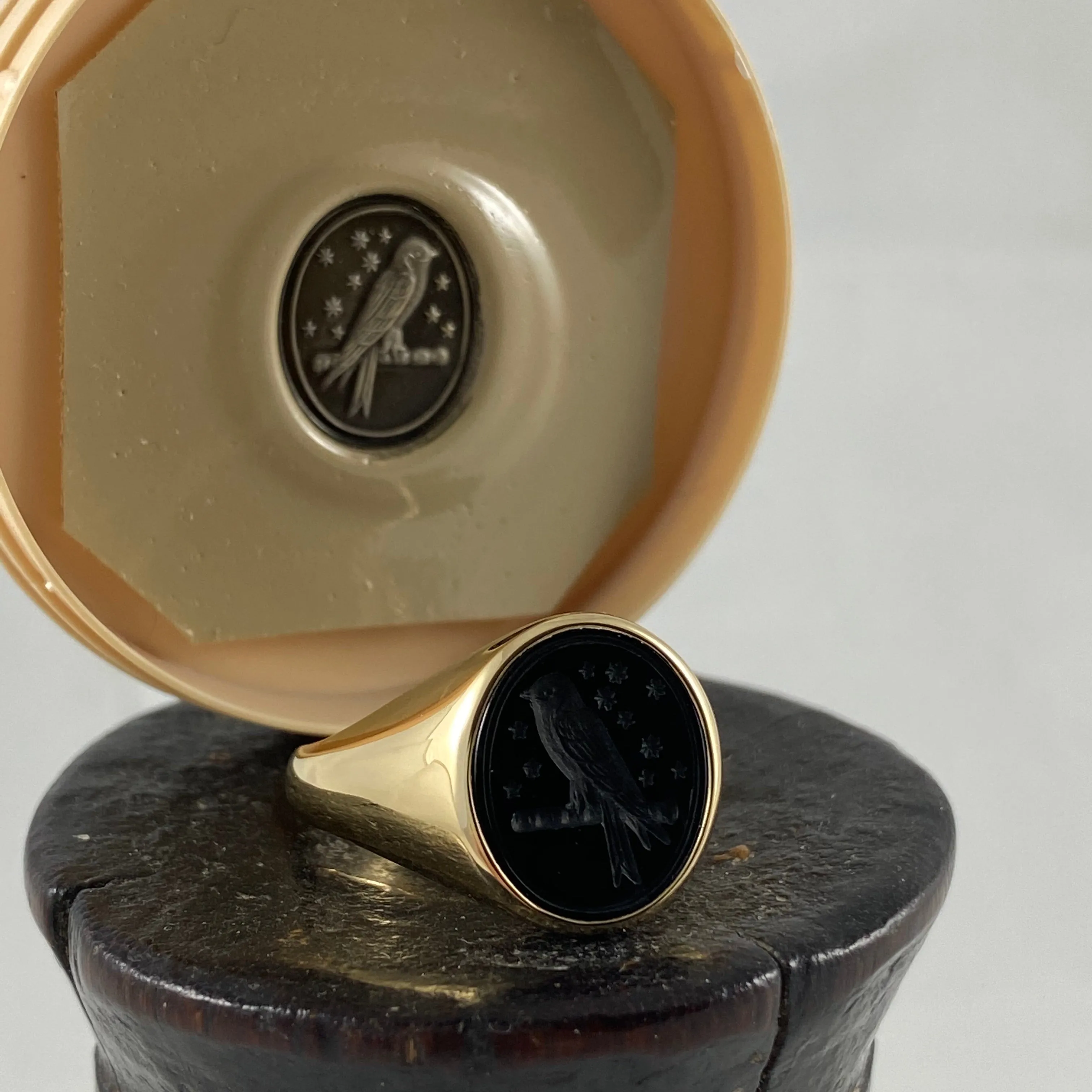 Seal Engraved Onyx Custom Made 14mm x 12mm  -  9 Carat Yellow Gold Signet Ring