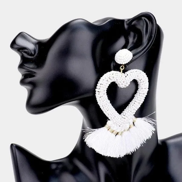 Seed Bead Heart White Tassel Earrings