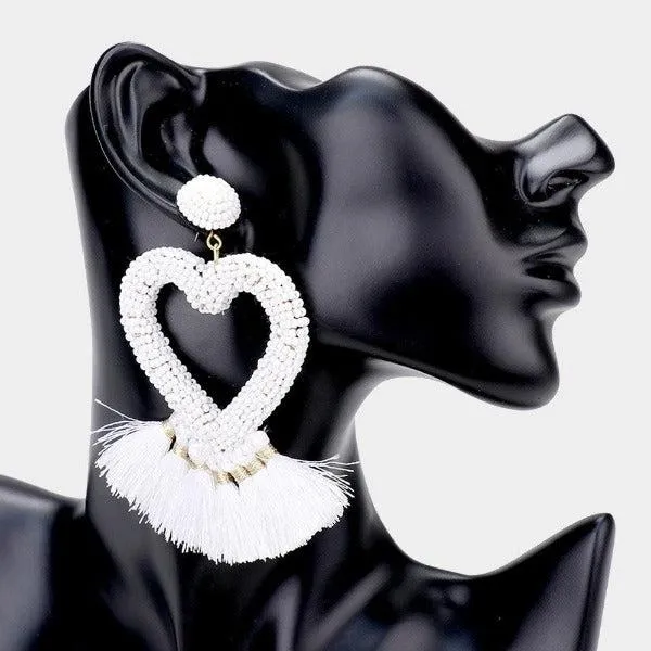 Seed Bead Heart White Tassel Earrings