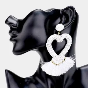Seed Bead Heart White Tassel Earrings
