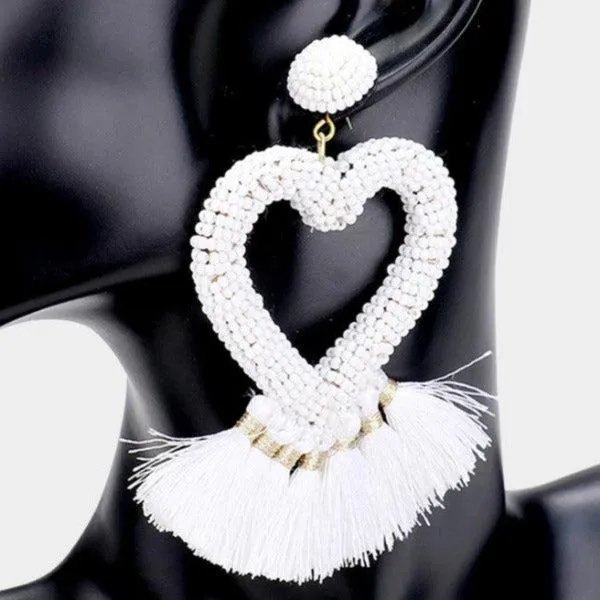 Seed Bead Heart White Tassel Earrings