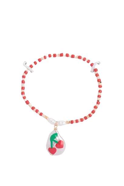 Seed Beads with Pearl Cherry Charm Bracelet Red - Pack of 6