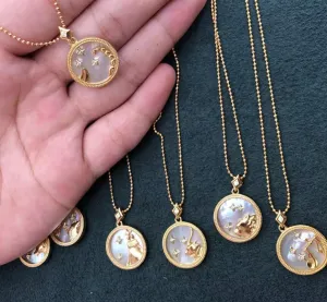 Set of 12- Mother Of Pearl Sterling Silver / 18k Gold Plated Boho & Mala Horoscope Necklaces